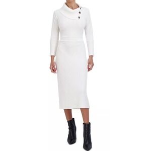 Sandra Darren Ivory Ribbed Knit Asymmetric Button Cowl Neck Midi Sweater Dress M